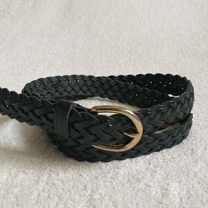 Belt Unisex M/L Black Genuine Leather Braided Brass Buckle 1x39"